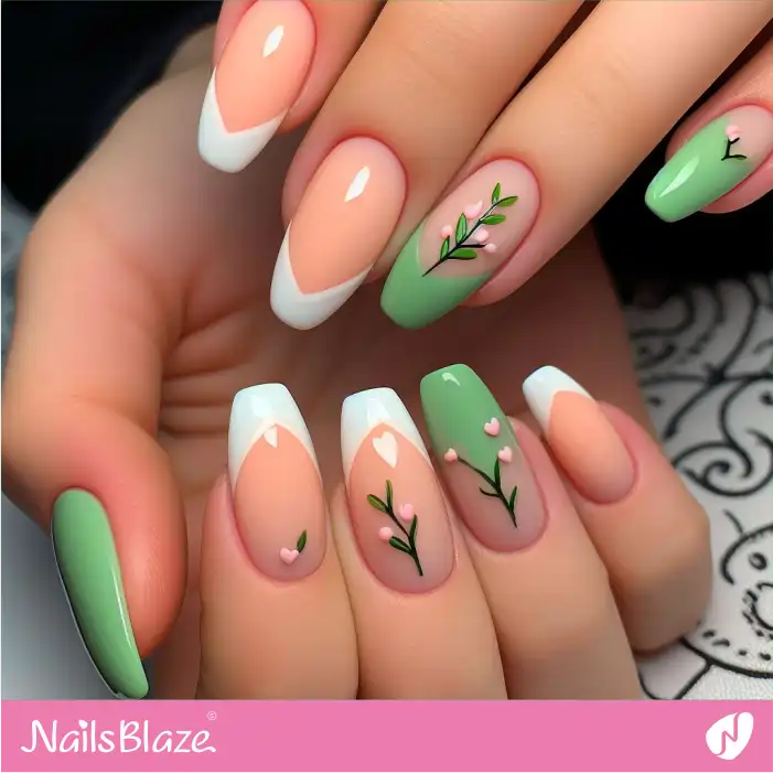 Green and White Tips on Peach Fuzz Nails with Micro Hearts | Color of the Year 2024 - NB1901